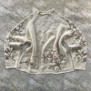 Coldwater Creek Floral Embroidered Patchwork Cream Sweater